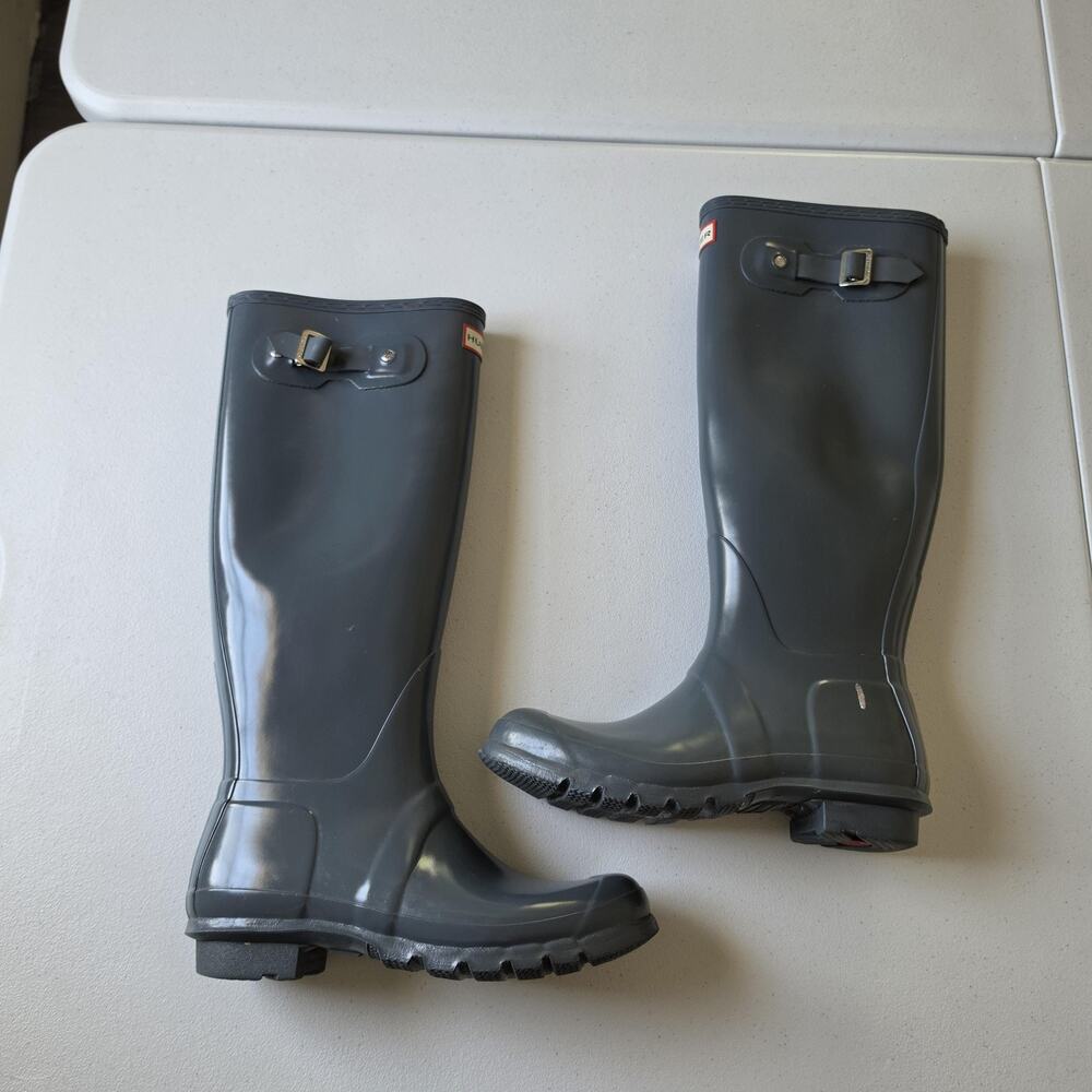 Hunter Rain Boots Womens Size 8 Gray Knee High Rubber Waterproof Logo Buckle - Picture 2 of 12